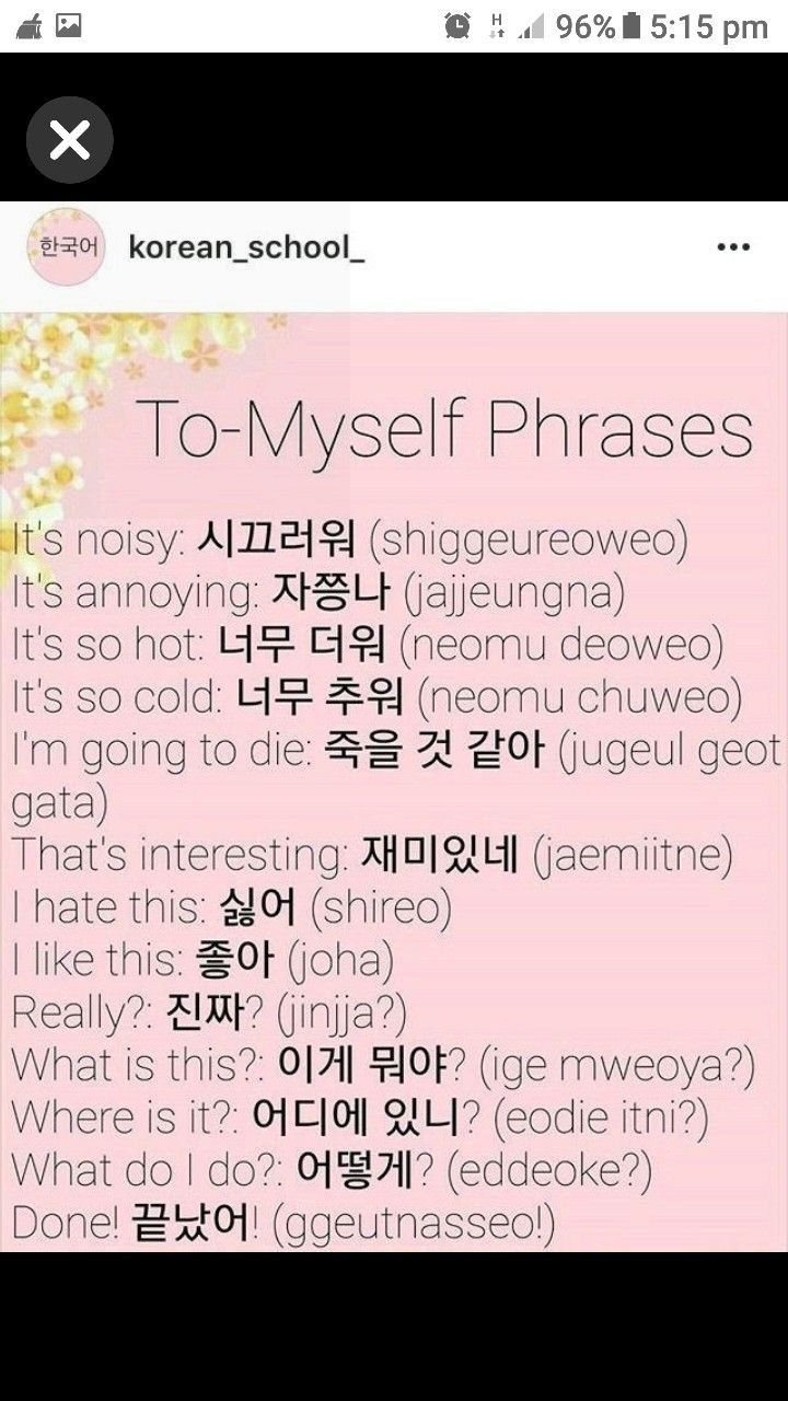 to myself Learning Korean Grammar, Korean Slang, Learn Basic Korean, Instagram Korean, Bahasa China, Learn Korean Alphabet, Easy Korean Words, Learn Hangul, Learn Korea