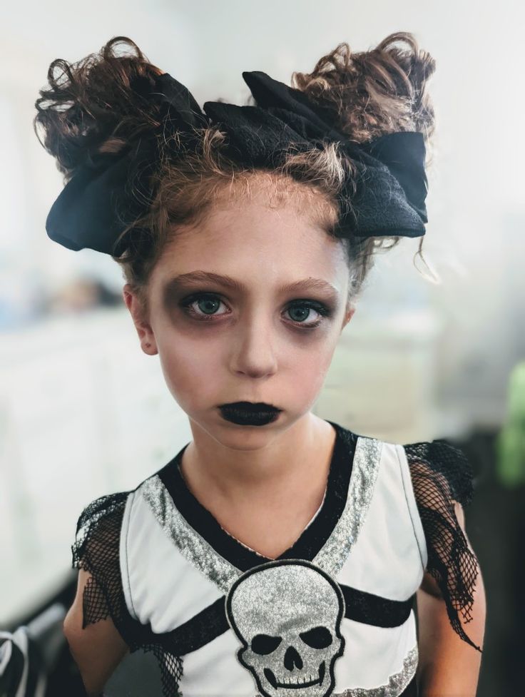 Creepy Cheerleader Makeup, Zombie Makeup Ideas Easy Kids, Zombie Makeup Ideas Kids, Toddler Zombie Makeup, Dead Cheerleader Makeup Kid, Zombie Cheerleader Face Paint, Diy Zombie Makeup For Kids, Kids Zombie Makeup Girl, Zombie Cheerleader Makeup For Kids Easy