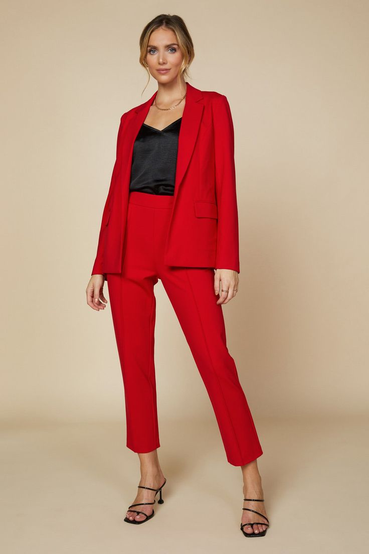 It's power moves all the way with an open-front blazer in traffic-stopping red. With notched lapels, long sleeves, and flap pockets, the design is clean and classic, but that color is what makes it stand out. •Notched lapels •Princess seams •Long sleeves •Two hip pockets Item number: 24919 Fabric Content: 70% Rayon 25% Polyester 5% Spandex Womens Red Blazer, Lace Trim Cami Top, Power Moves, Lace Trim Cami, Open Front Blazer, Red Blazer, Knit Blazer, Tailored Blazer, Knit Long Sleeve