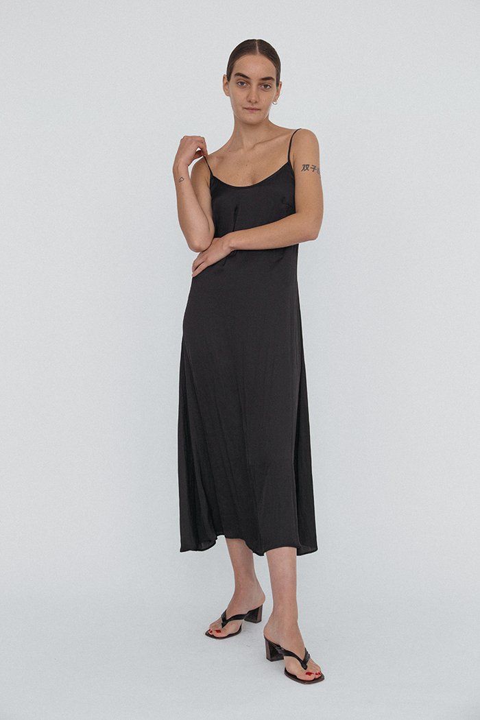 Ciao Lucia | Cristina Dress Matte Black Chic Scoop Neck Slip Dress For Evening, Summer Party Slip Dress With Scoop Neck, Black Bias Cut Maxi Slip Dress, Black Bias Cut Dress For Night, Black Maxi Dress With Spaghetti Straps And Bias Cut, Black Maxi Dress With Bias Cut And Spaghetti Straps, Sleeveless Modal Satin Slip Dress For Night, Black Bias Cut Maxi Dress With Spaghetti Straps, Viscose Bias Cut Dress For Daywear