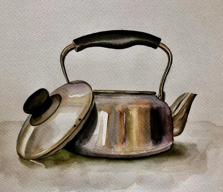 a painting of a tea pot and kettle on a white background with watercolors