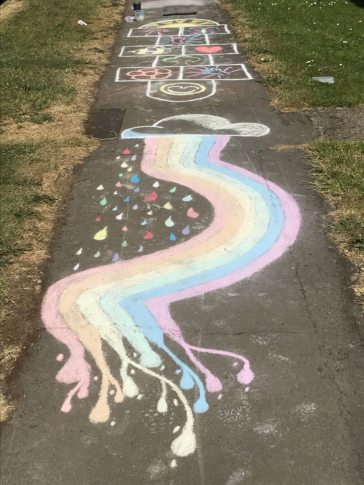 a sidewalk with chalk drawings on it