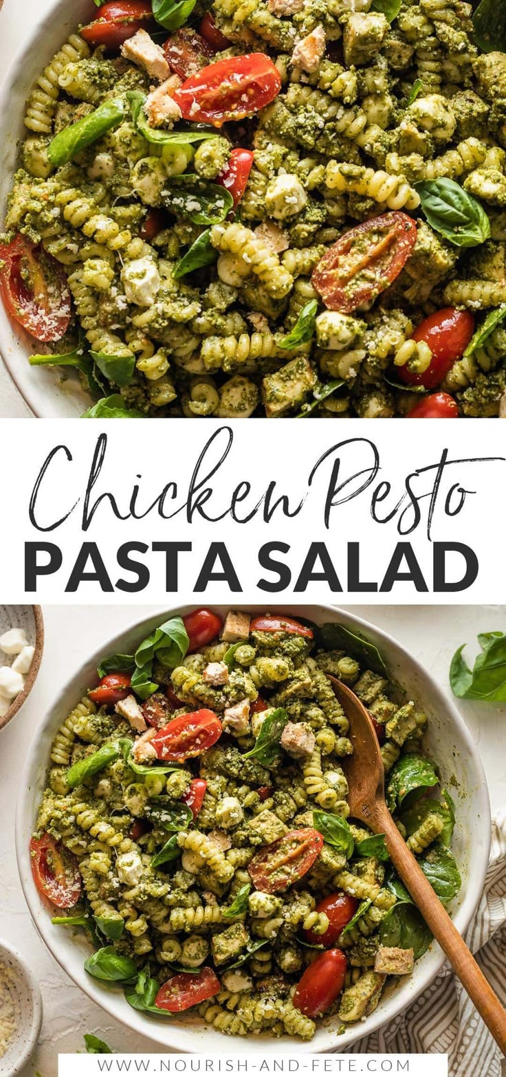 chicken pesto pasta in a white bowl with a wooden spoon next to it and the title above reads chicken pesto pasta