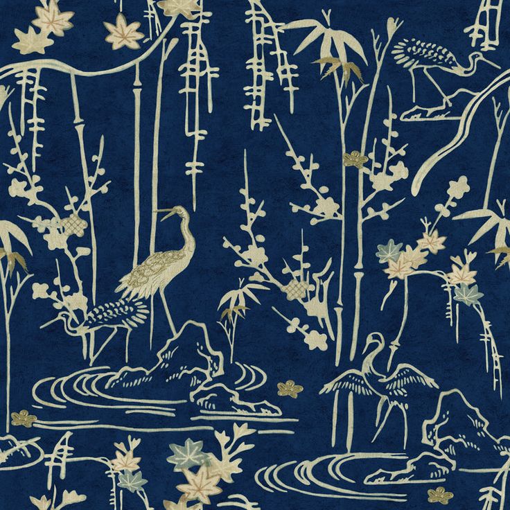 a blue background with white flowers and birds in the foreground, on top of water