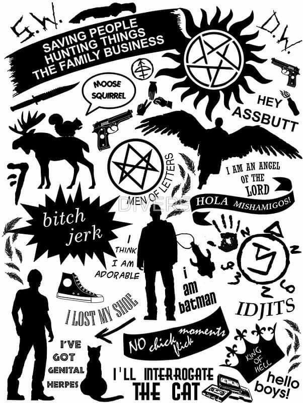 black and white poster with various types of stickers