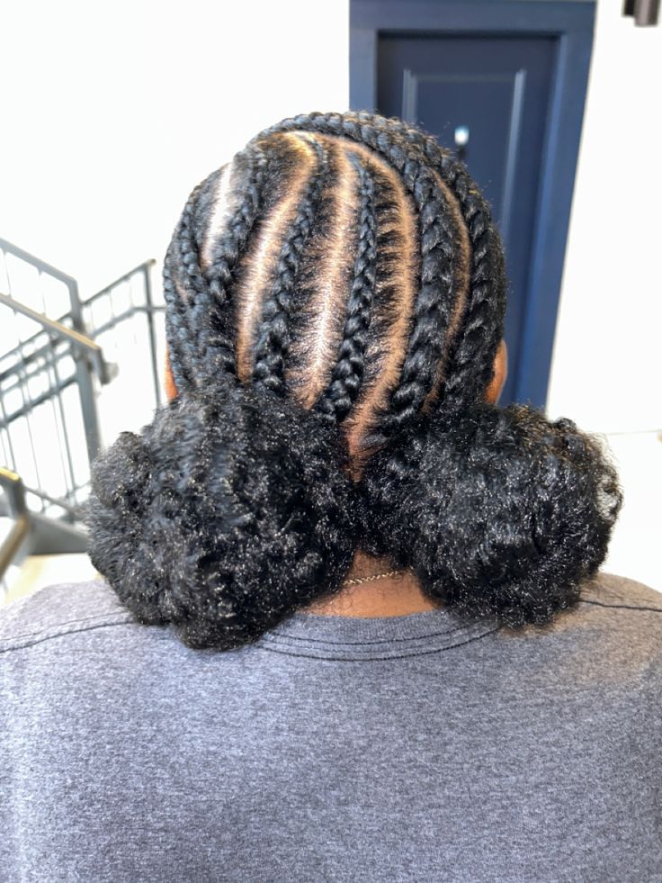 Easy Cornrow Hairstyles For Natural Hair, Braided Puff Natural Hair, Puff Balls Hairstyle Natural Hair, Puff Ball Hairstyle Natural Hair, 2 Puffs Natural Hair Hairstyles, Edges Tut, Cornrow Hairstyles For School, Natural Cornrow Hairstyles, Puff Hairstyles