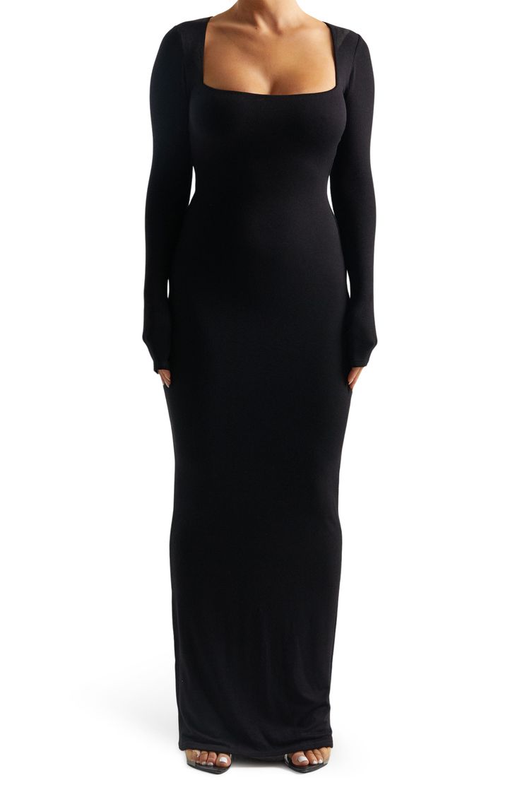 A square neckline accentuates the fitted bodice of this sleek, contemporary dress fashioned from stretchy knit fabric. Square neck Long sleeves Lined 95% viscose, 5% spandex Hand wash, line dry Imported Square Neck Midi Dress Long Sleeve, Square Neck Long Sleeve Prom Dress, Long Sleeve Square Neck Dress, Black Dress Long Sleeve, Contemporary Dress, Full Sleeves Dress, Rectangle Body Shape, Maxi Dres, Quinceanera Dresses Blue