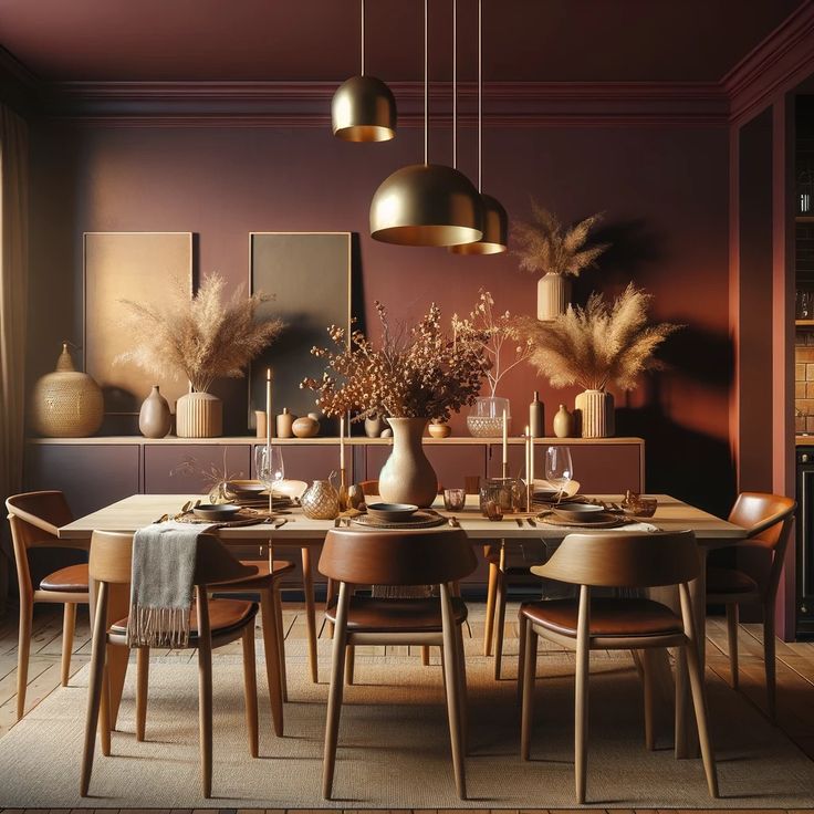 a dining room table with chairs and vases