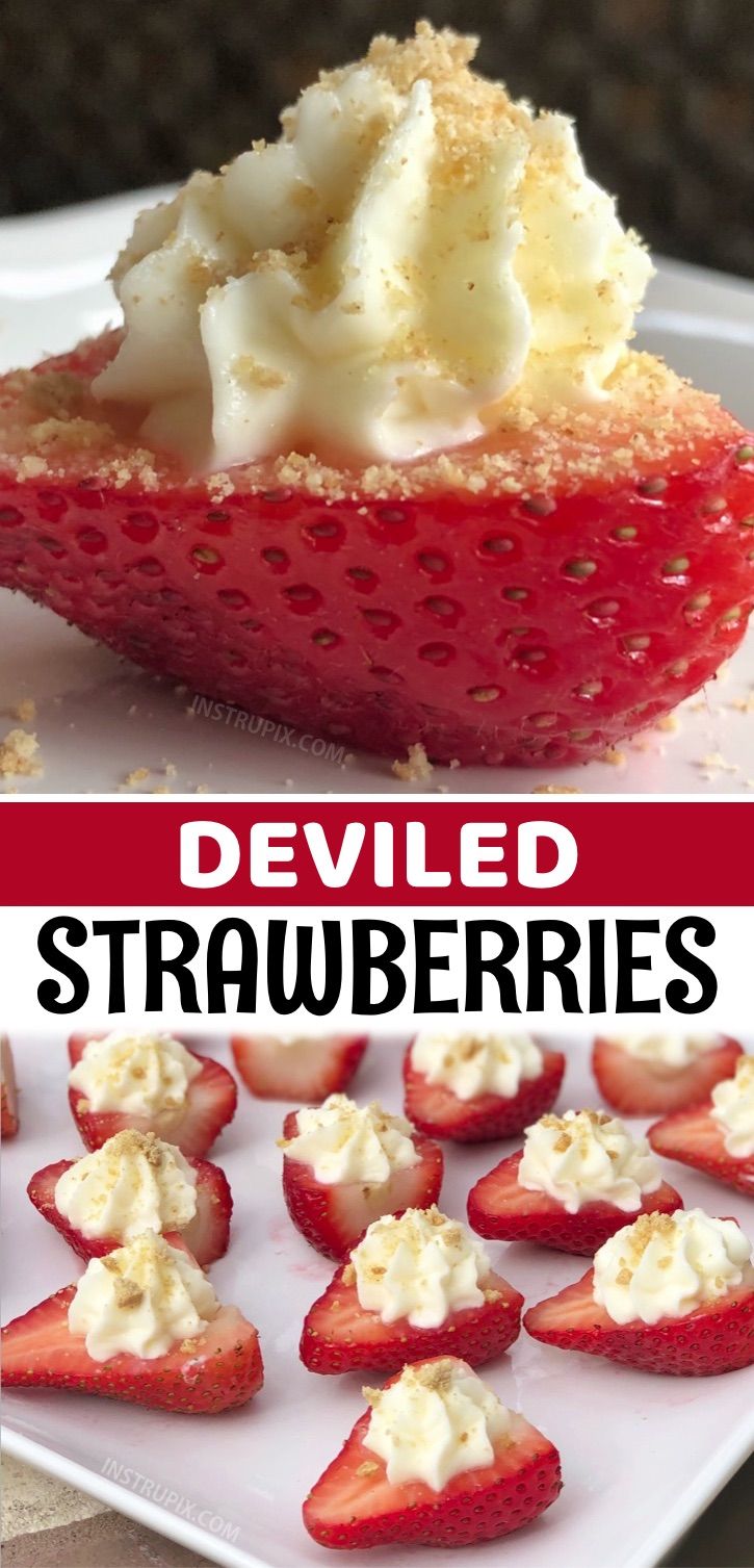 strawberries with whipped cream on top and the words deviled strawberries above them