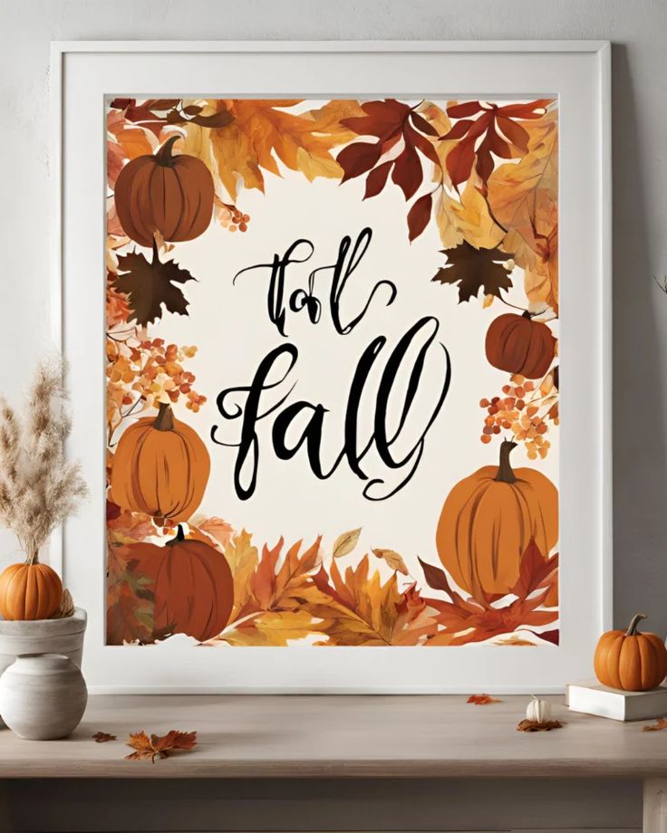 a fall print with pumpkins and leaves