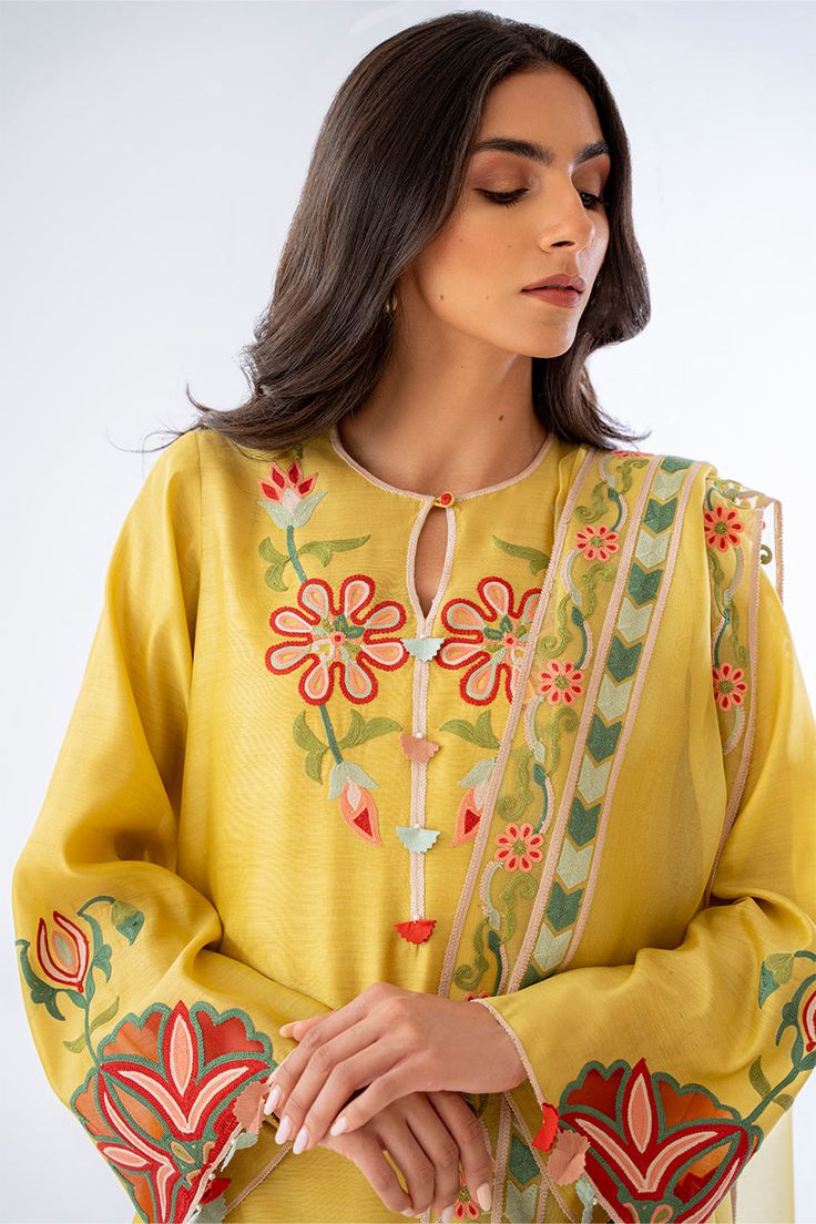 Bohemian Cotton Silk Palazzo Set With Resham Embroidery, Silk Anarkali Set With Floral Embroidery In Yellow, Yellow Embroidered Unstitched Slub Silk Suit, Yellow Embroidered Slub Silk Unstitched Suit, Yellow Slub Silk Dupatta With Dabka Work, Spring Yellow Palazzo Set With Resham Embroidery, Spring Slub Silk Salwar Kameez With Dabka Work, Spring Slub Silk Traditional Wear With Dupatta, Traditional Slub Silk Salwar Kameez For Spring