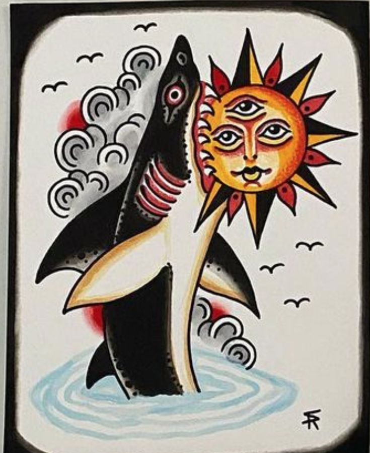 an artistic tile with a shark and sun on it