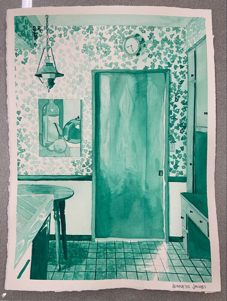 a drawing of a green door in a bathroom