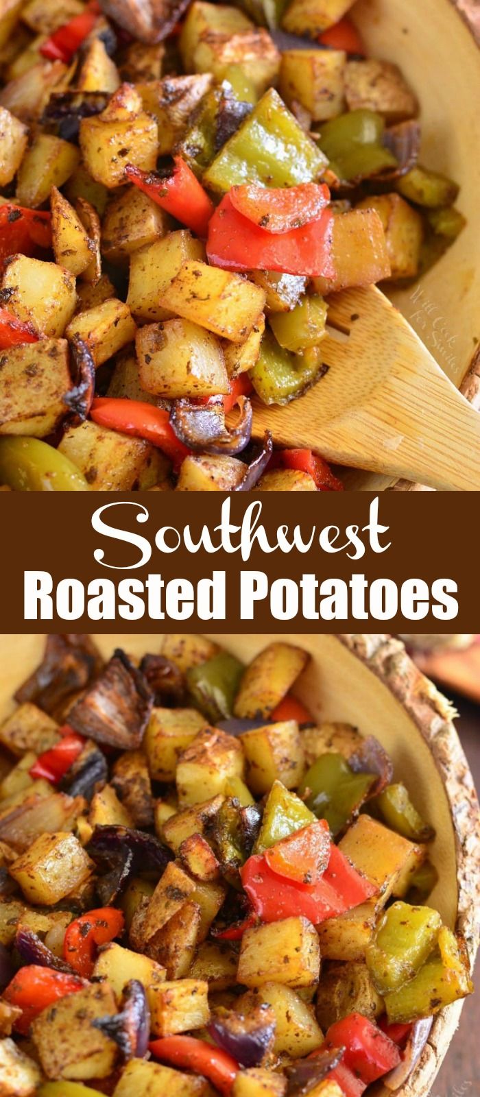 roasted potatoes and peppers in a wooden bowl