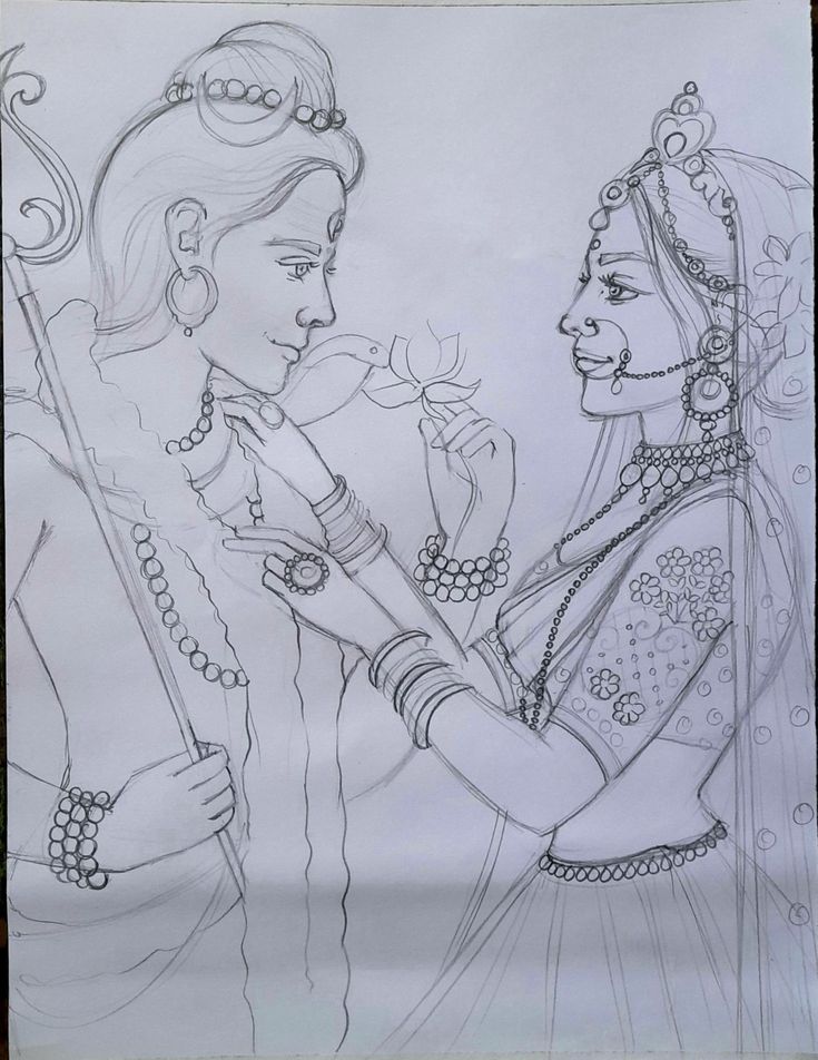 a pencil drawing of two women talking to each other, one holding a flute and the other looking at her