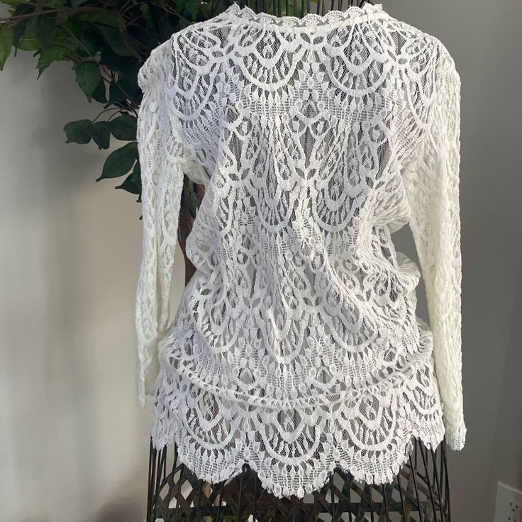 Nwt! Beautiful White Laced Blouse / Long Sleeve. Never Worn Elegant Crochet Top With Lace Trim For Brunch, Elegant White V-neck Crochet Top, White Feminine Crochet Top For Brunch, Chic White Long Sleeve Crochet Top, Chic White Lace Top With Crew Neck, Elegant White Crochet Top For Brunch, White Stretch Lace Top For Layering, Elegant Long Sleeve Crochet Top For Brunch, Elegant Long Sleeve Stretch Crochet Top