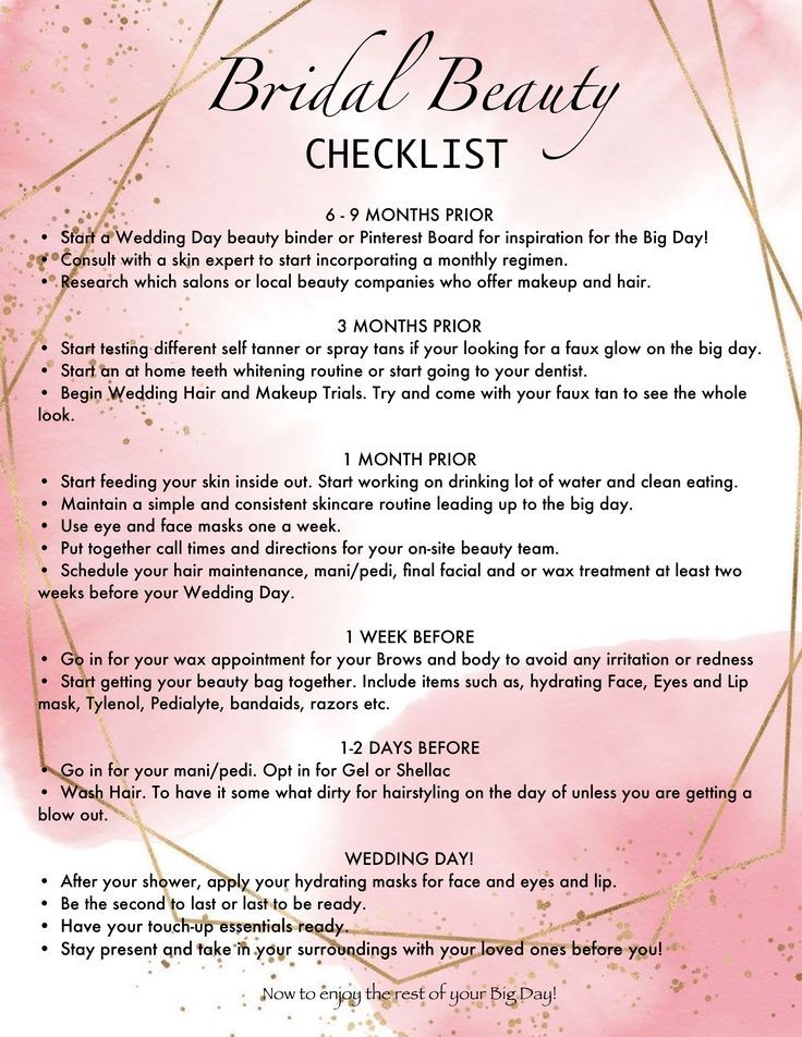 the bridal beauty checklist is shown with pink watercolor paint and gold foil