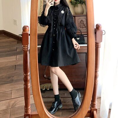 Women lolita Vintage Heavy Industry Long Sleeve Dress High Waist Gothic Dress  | eBay Spring Cosplay Dress With Doll Collar, Dark Academia Fitted Dresses For Spring, Fitted Dark Academia Dresses For Spring, Fitted Spring Dress In Dark Academia Style, Spring Harajuku Mini Dress For Party, Harajuku Style Long Sleeve Winter Dress, Winter Harajuku Long Sleeve Dresses, Spring Costume Mini Dresses, Winter Long Sleeve Harajuku Dress