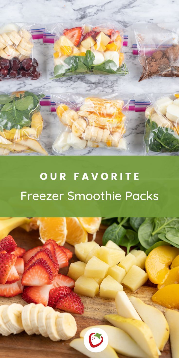 fresh fruit and veggies are on display with the words our favorite freezer smoothie packs