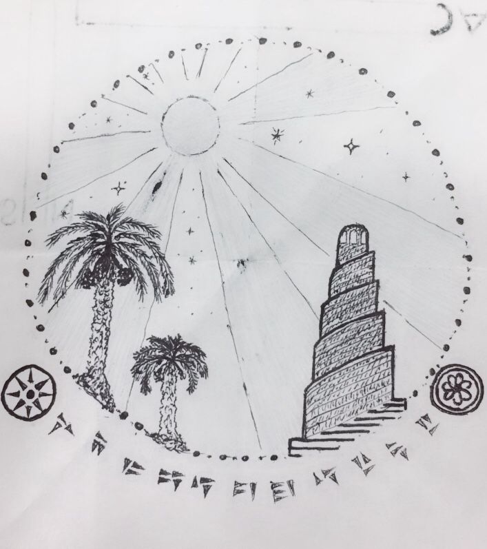 a drawing of a lighthouse and palm trees