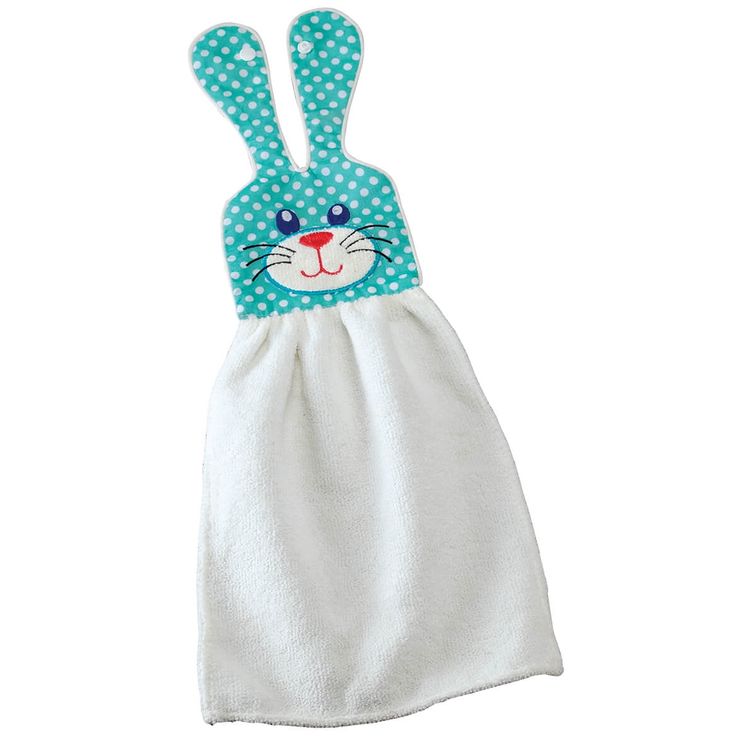 a blue and white towel with a bunny face on it's side, sitting in front of a white background