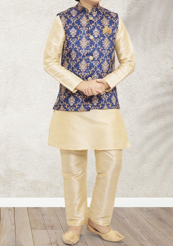 Ready-Made Kurta, and Waistcoat With Trouser. Jacquard Brocade Fabric Waistcoat Dupion kurta and Aligarhi Ready Made Trouser. Crafted in Chinese Collar Neck, and Full Sleeve. Satin Lining with Plain Work. High-Quality Matching Buttons. Please Note: The footwear shown in the picture is for presentation and photography purposes only. Color: There might be slight color variation due to lighting and flashes while the photo shooting. The color may also vary because of different screen resolutions. Wa Brocade Nehru Jacket For Diwali, Diwali Brocade Nehru Jacket With Long Sleeves, Fitted Bollywood Nehru Jacket For Winter, Bollywood Traditional Wear With Pallu For Winter, Bollywood Style Fitted Nehru Jacket For Winter, Winter Bollywood Traditional Wear With Pallu, Winter Bollywood Style Fitted Nehru Jacket, Winter Nehru Jacket With Zari Work, Fitted Nehru Jacket With Self Design For Festive Occasions