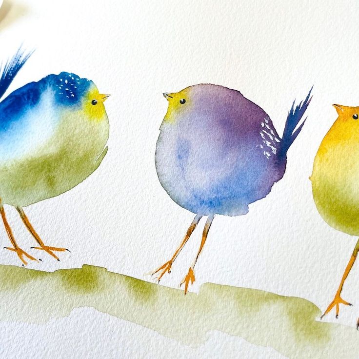 three birds are standing on a branch painted with watercolors