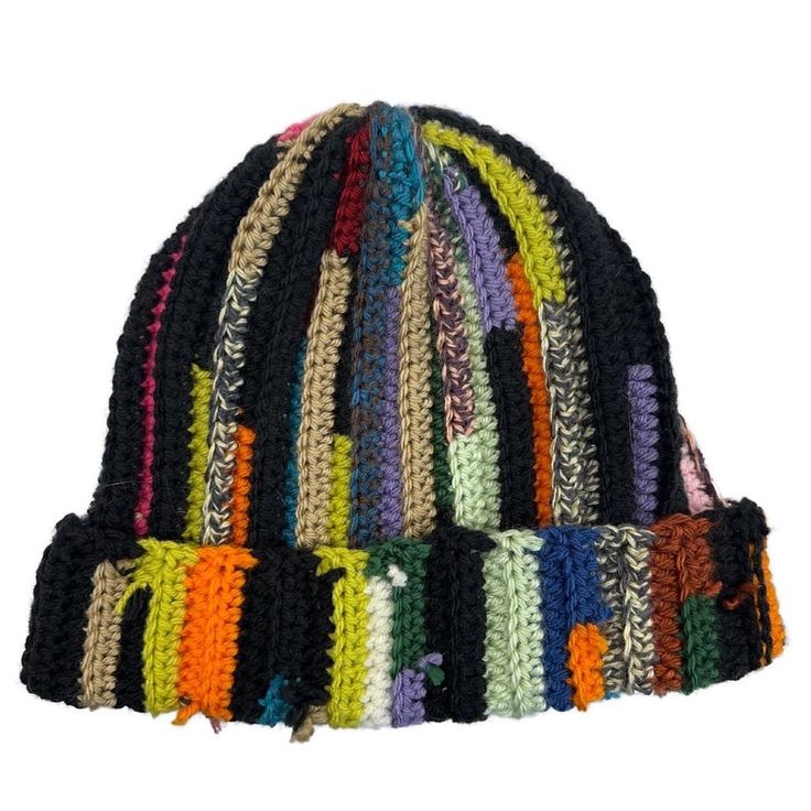 a multicolored knitted beanie hat on a white background