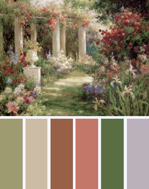 a garden with flowers and greenery in shades of brown, green, pink, red