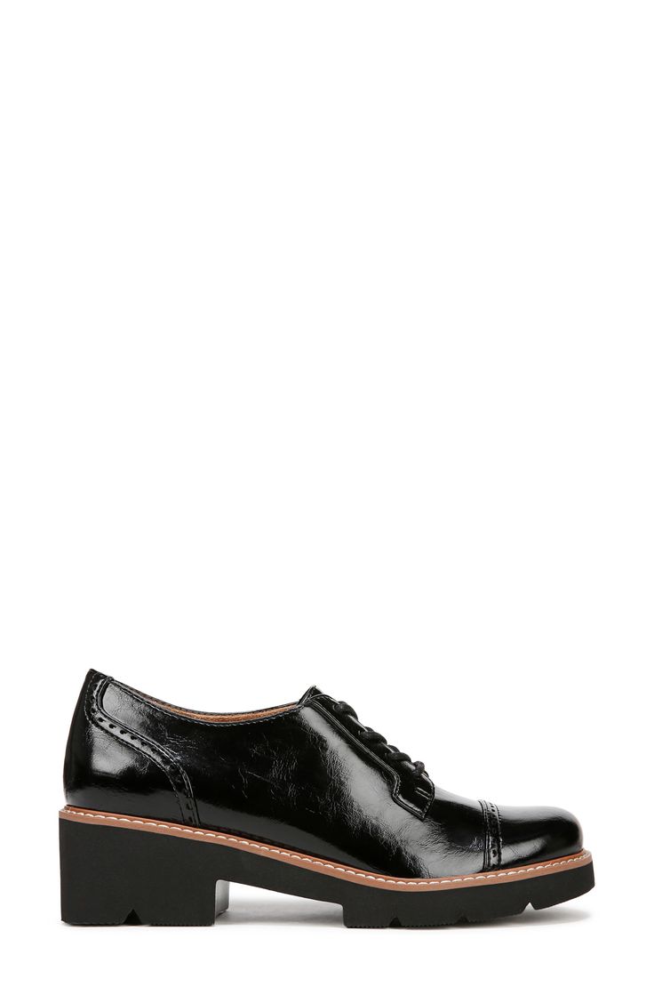 A brogue-trimmed cap toe frames a timeless loafer with a glossy, water-repellent finish and elevated by a chunky a lug sole. 2 1/4" heel Synthetic upper/textile lining/synthetic sole Imported Patent Leather Lace-up Shoes With Round Toe For Work, Casual Wingtip Platform Loafers For Work, Classic Oxfords With Lug Sole For Work, Fall Wingtip Platform Loafers For Work, Business Patent Leather Oxfords With Lug Sole, Casual Patent Leather Oxfords For Business, Brogue Platform Loafers For Work With Almond Toe, Fall Cap Toe Oxfords With Rubber Sole, Fall Oxfords With Rubber Sole Cap Toe