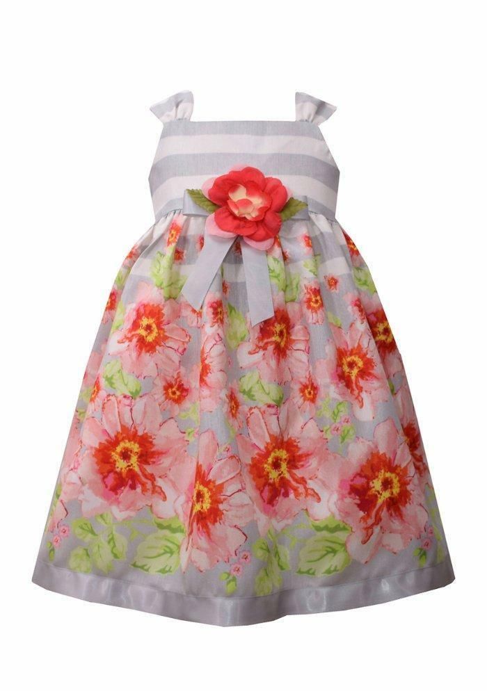 BONNIE JEAN Toddler Girl's 2T Floral Print Stripe Dress NWT $60 Create the perfect moment for her with this stunning dress. It's covered in vibrantly-colored bouquets of beautiful flowers, which make it perfect for any special occasion. A flower bow at the center waist completes the brilliant design!   Button closure Square neck Sleeveless Machine washable 100% Cotton Lined NWT, new with tags MSRP $60.00 You don't have to spend hundreds of dollars for name brand clothing. I have some wonderful c Cute Multicolor Floral Dress For Garden Party, Flower-shaped Dresses For Spring Garden Party, Spring Floral Embellished Dress For Dress-up, Floral Dress For Spring Garden Party, Spring Floral Embellished Dress, Floral Print Dress For Summer Dress-up, Summer Floral Print Dress For Dress-up, Spring Pink Floral Dress, Spring Floral Pink Dress For Casual