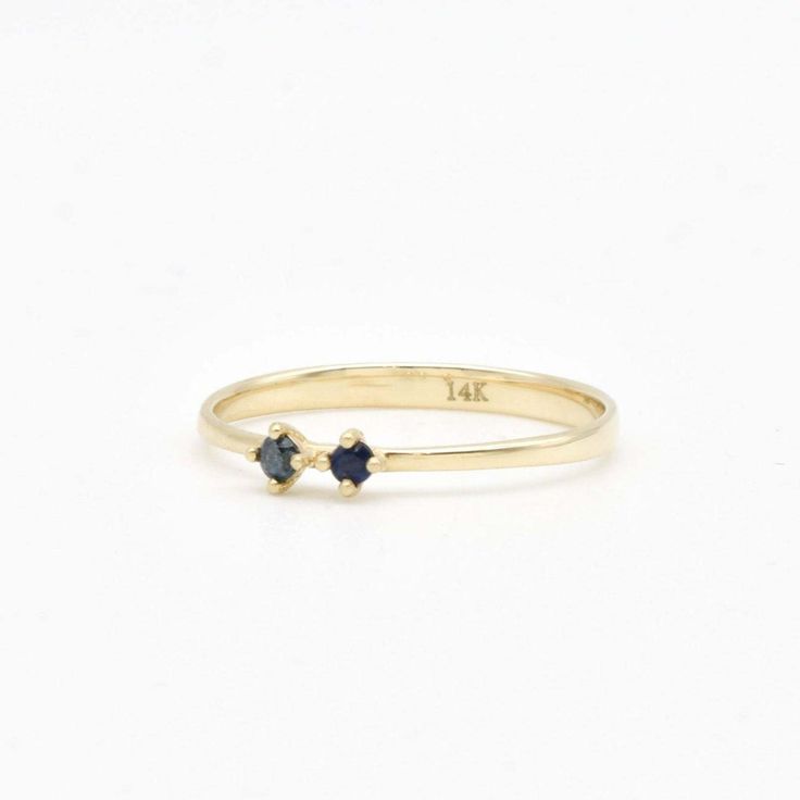 Gold Blue Diamond and Sapphire Ring - 14k Gold Dainty Ring - Gold Two Stone Ring Natural Blue Diamond, Two Stone Ring, Blue Diamond Ring, Diamond Ring Set, Dainty Gold Rings, Diamond Ring Settings, Solid Gold Rings, 14k Gold Ring, Natural Sapphire