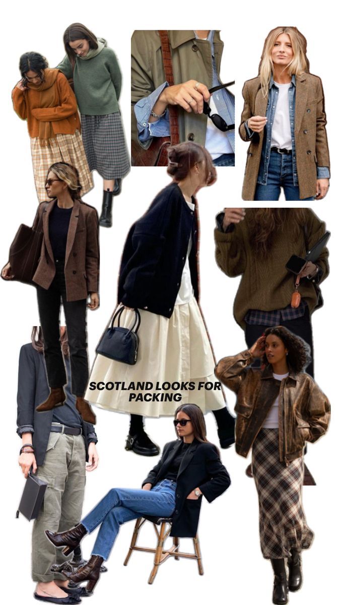 Scotland looks for packing Autumn Scotland Outfit, Edinburgh Trip Outfits, Trip To Scotland Outfits, New Hampshire Aesthetic Outfits, Edinburgh Autumn Outfit, Scotland Fashion Spring, Irish Fall Outfits, Scotland Style Fashion, Edinburgh Scotland Fashion