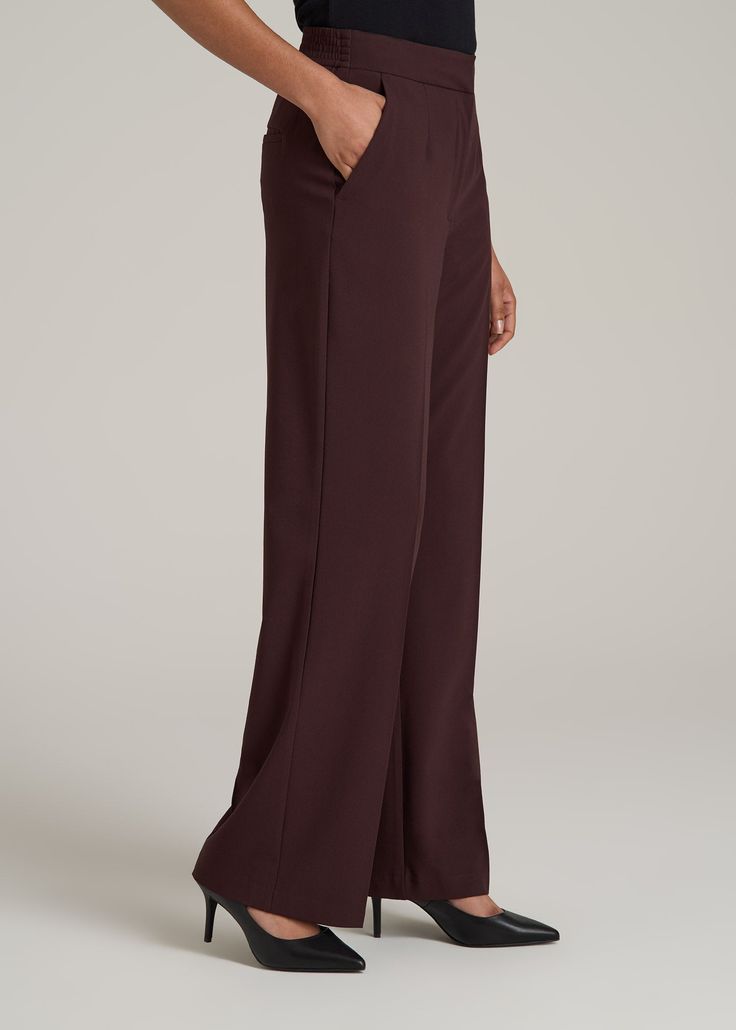 About Our Flat Front Wide Leg Dress Pants for Tall Women Ultra-flattering and easy to wear, these women's tall dress pants are a closet essential. They feature a smooth front with a contoured waistband for a complimentary finish. Pleated accents at the front and back elongate your legs and make them easy to wear from the desk to dinner. Built with a stretch-infused polyester-viscose blend, these pants for tall women offer the sleek feel of a suit with the comfort of a lounge pant. An elastic at Affordable Ankle-length Dress Pants For Fall, Cheap Stretch Mid-rise Dress Pants, Elegant Burgundy High-waisted Wide Leg Pants, Elegant Burgundy Wide Leg Pants, Elegant High-waisted Burgundy Pants, Elegant Burgundy High-waisted Pants, Elegant Burgundy Trousers, Loosely Fitted Full Length Solid Dress Pants, Elegant Burgundy Straight Pants