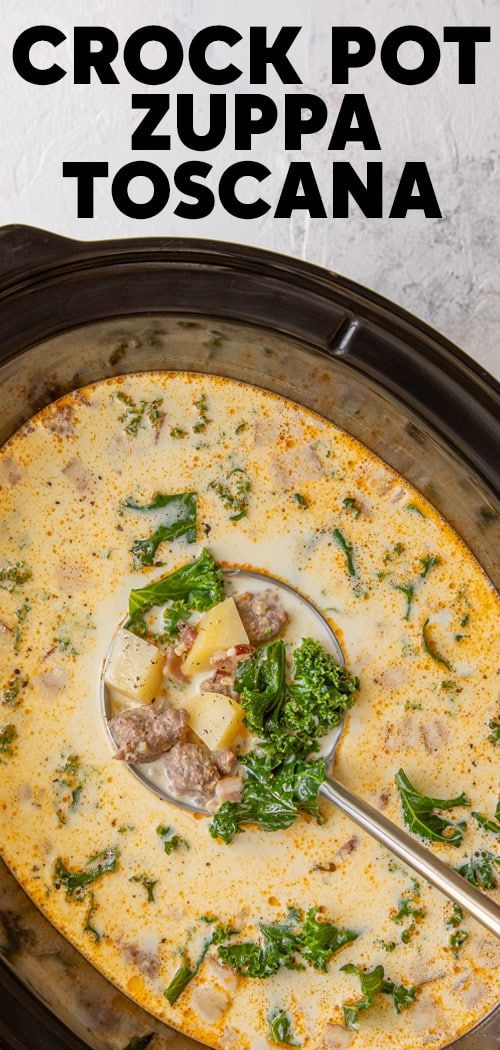 crock pot zuppa toscana in a slow cooker with a spoon