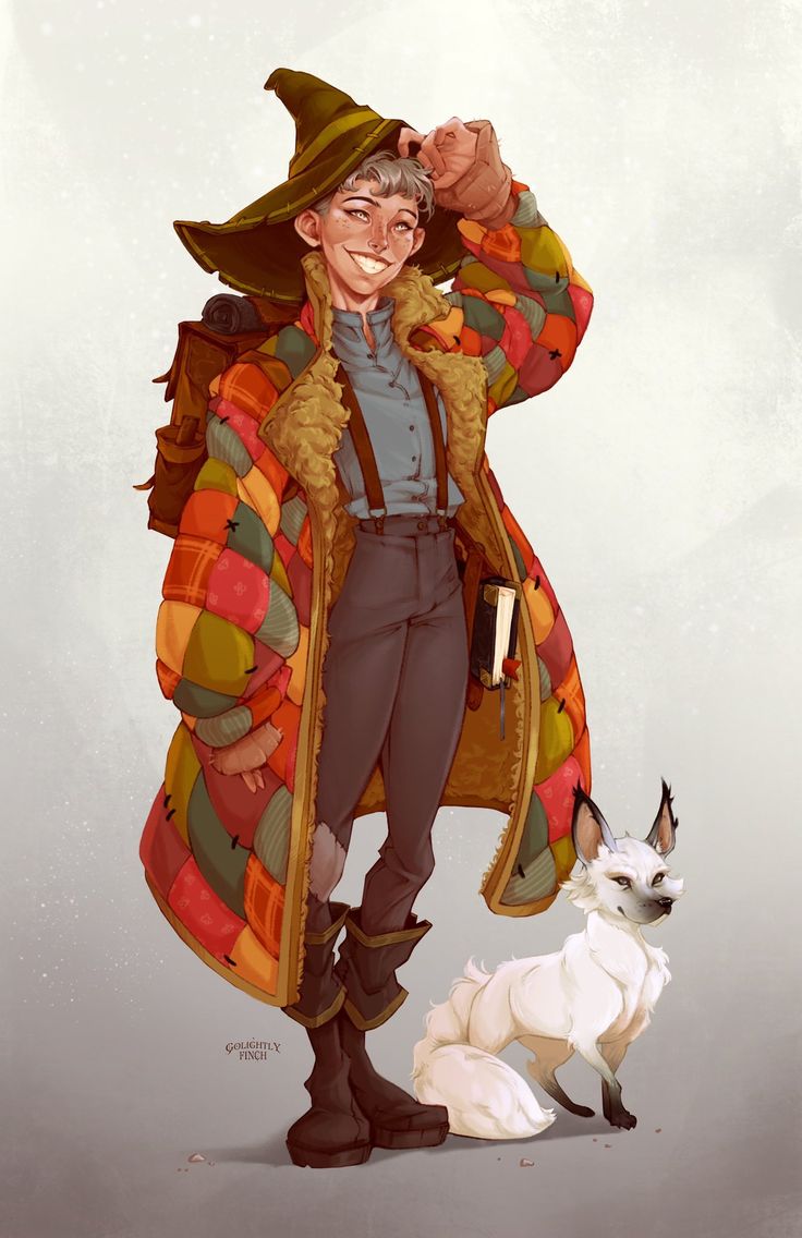 a drawing of a man in a coat next to a dog