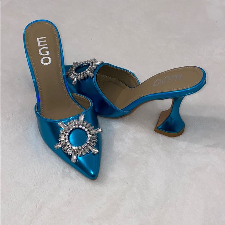 Brand New! Never Worn. Trendy Blue Heels For Formal Occasions, Blue Slip-on Party Heels, Blue Slip-on Heels For Party, Trendy Blue Closed Toe Heels, Chic Blue Slip-on Heels, Gold Mules, Summer Mules, Ego Shoes, Block Heel Mule