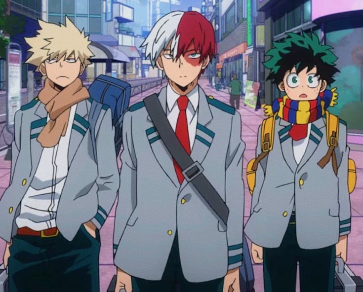 three anime characters are standing in the street with backpacks on their shoulders and one is wearing a red tie