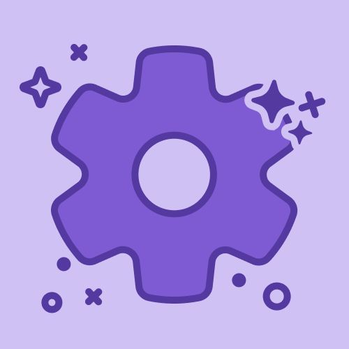 a purple object with stars around it on a light purple background that is in the shape of a cogwheel