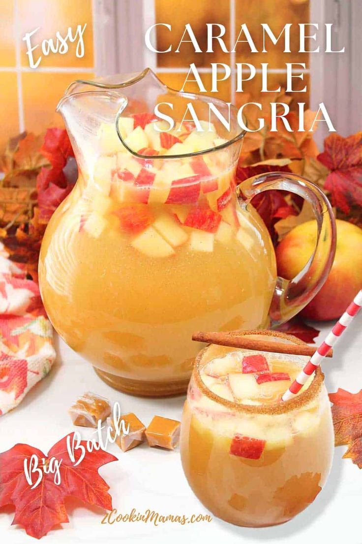 caramel apple sangria in a pitcher and two glasses