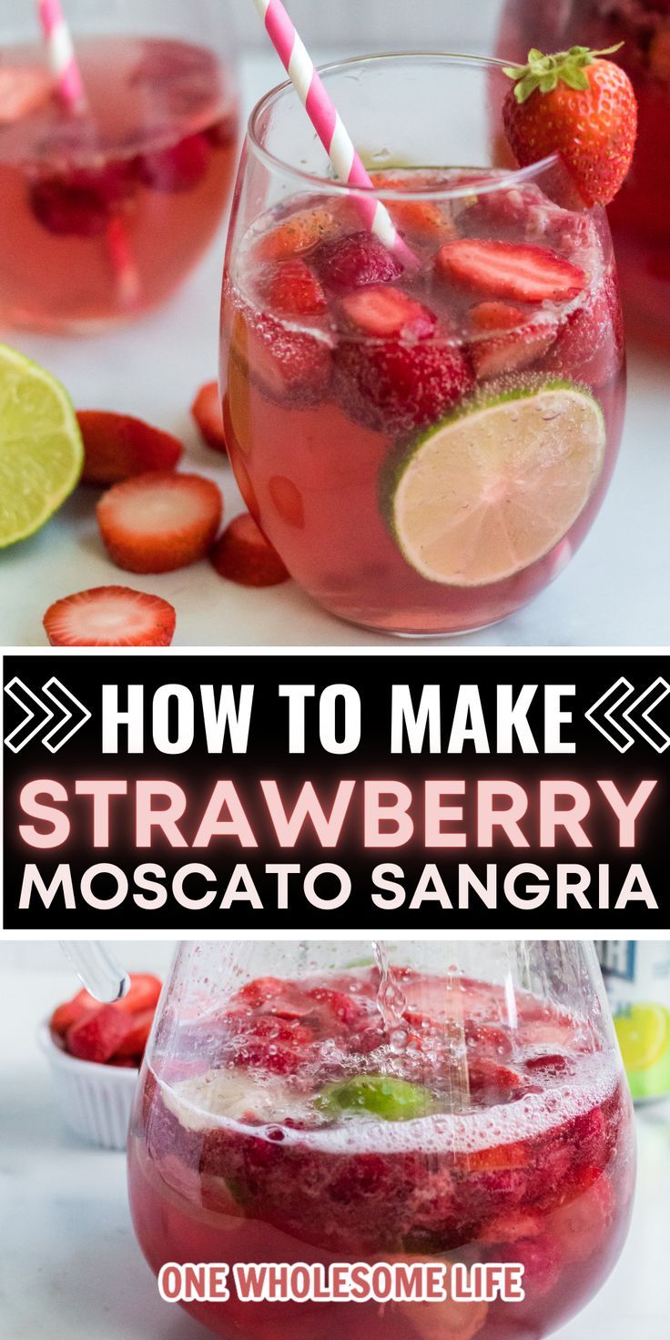 strawberry moscato sangria in glasses with strawberries and limes