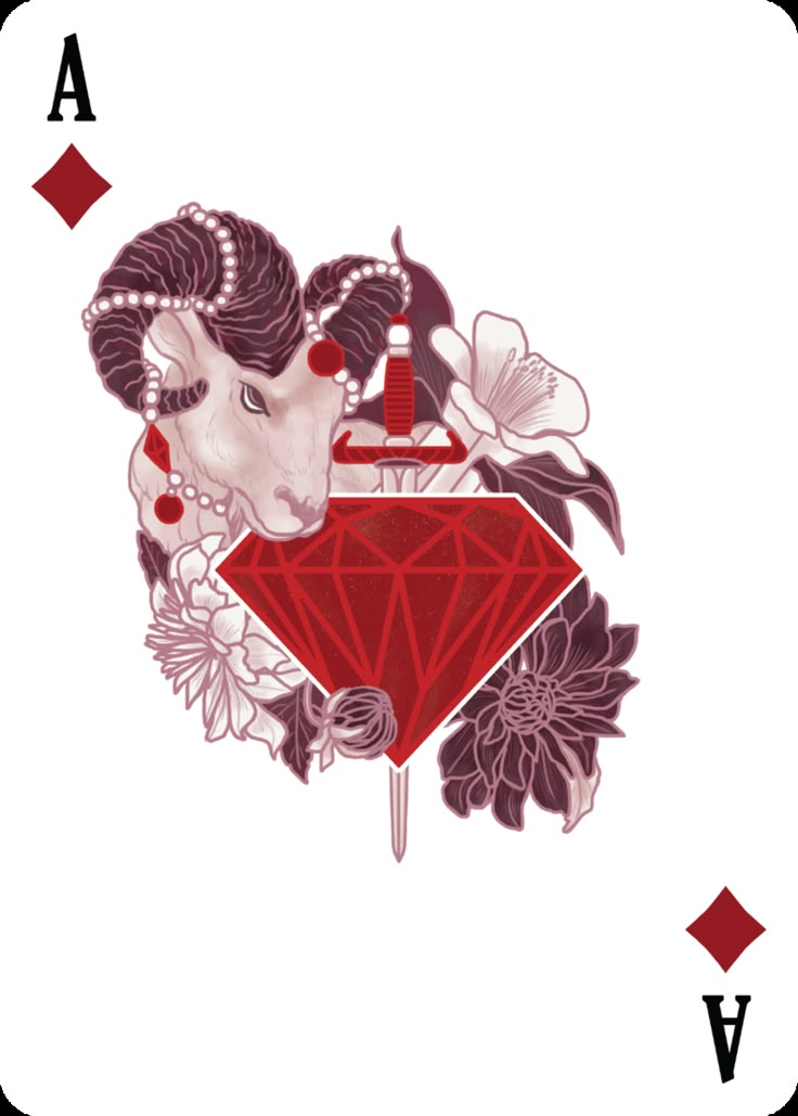 a goat head with horns on top of a red diamond surrounded by flowers and diamonds