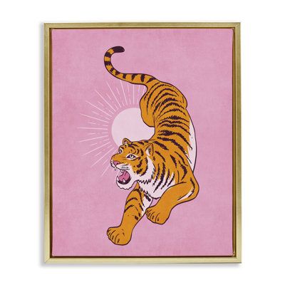 a painting of a tiger running across a pink background