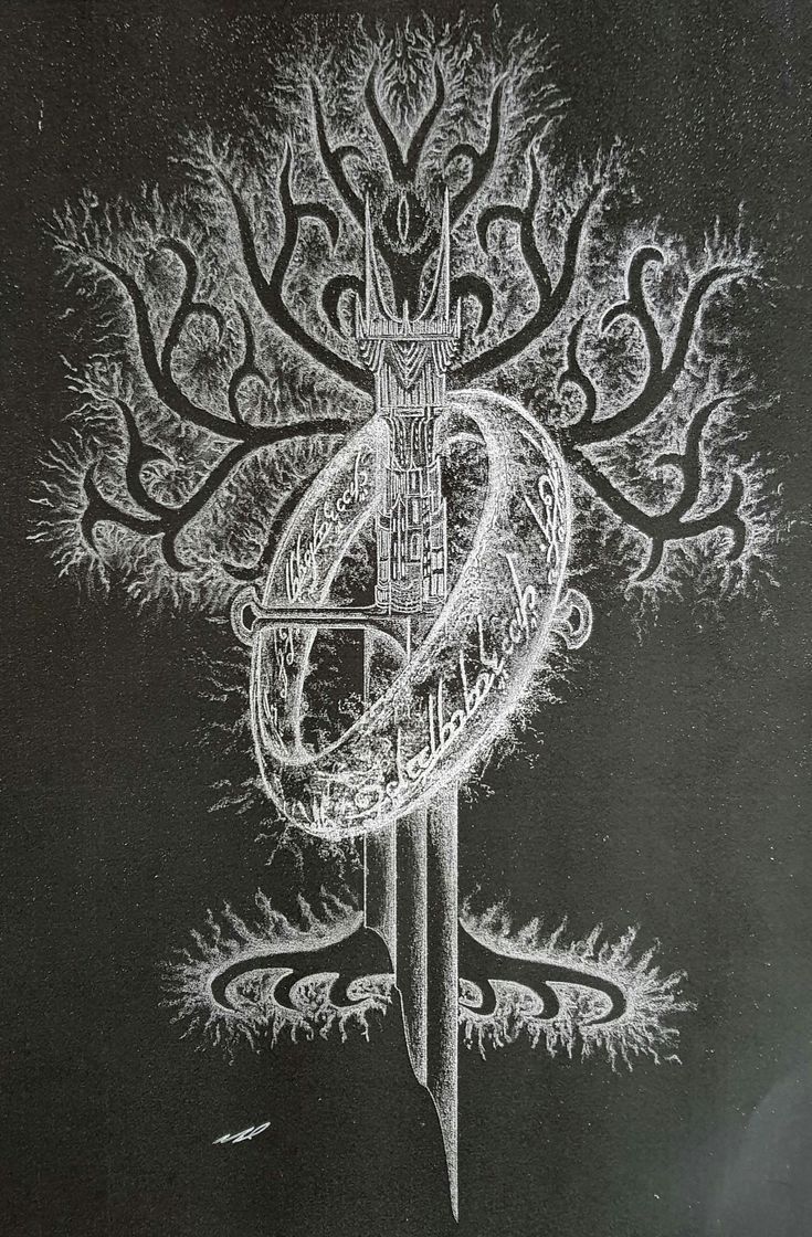 a black and white drawing of a tree with an e on it's side