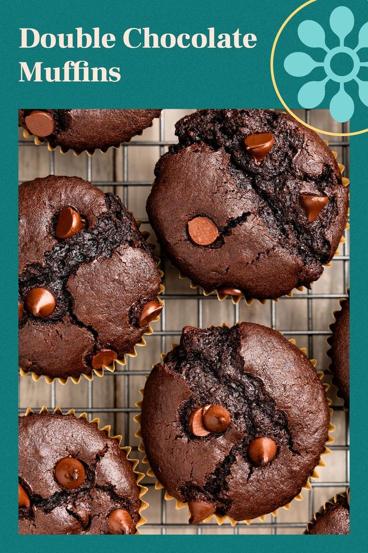 chocolate muffins on a cooling rack with the words double chocolate muffins