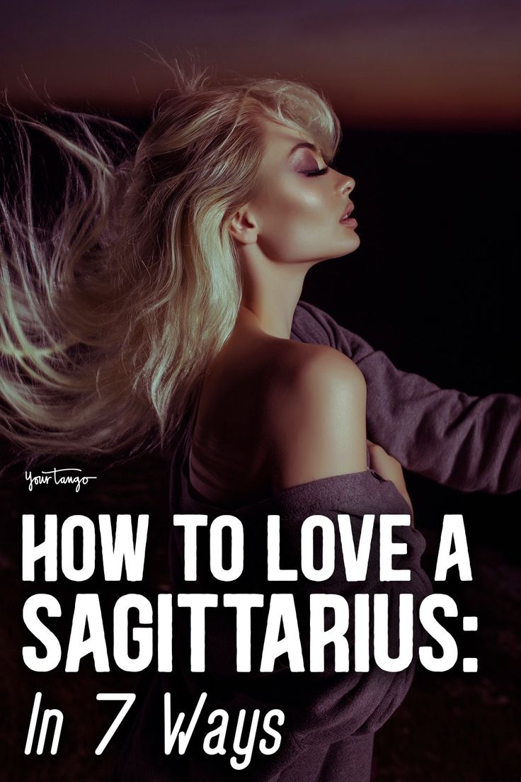 a woman with her hair blowing in the wind text reads, how to love a sagittarius in 7 ways