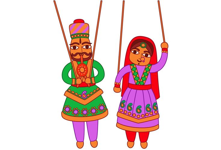 two people dressed in colorful clothing holding on to swings