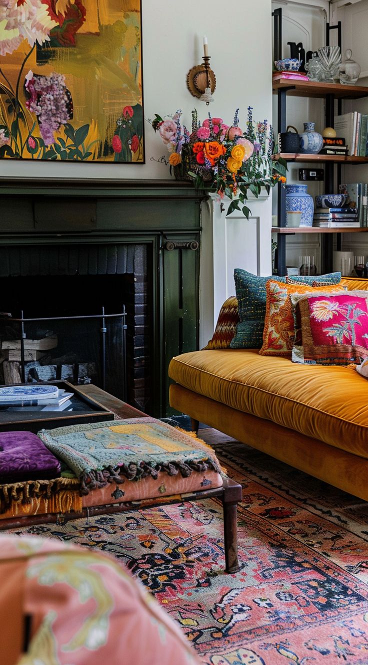 a living room filled with lots of furniture and flowers on the fireplace mantels