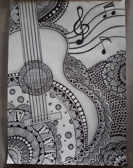 Guitar art Guitar Mandala Art Drawing, Guitar Zentangle Art, Guitar Mehndi Design, Mandala Drawing Music, Mandala Art On Guitar, Guitar Mandala Drawing, Mandala Art Music, Music Art Drawing Creative, Guitar Drawing Aesthetic