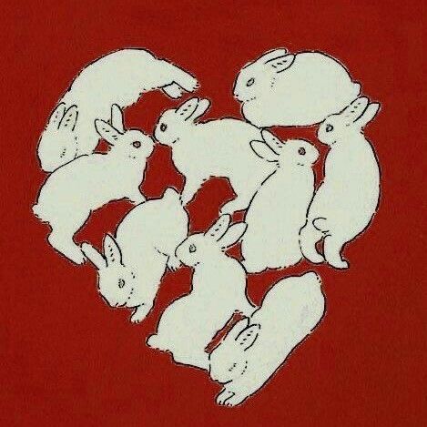 an image of rabbits in the shape of a heart on a red background with white outlines